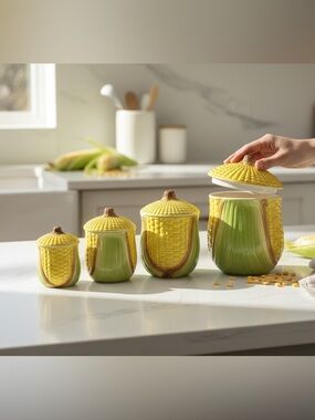 Vintage Metlox Poppytail Corn Canister Set 4pc Ceramic Farm Kitchen Japan Yellow